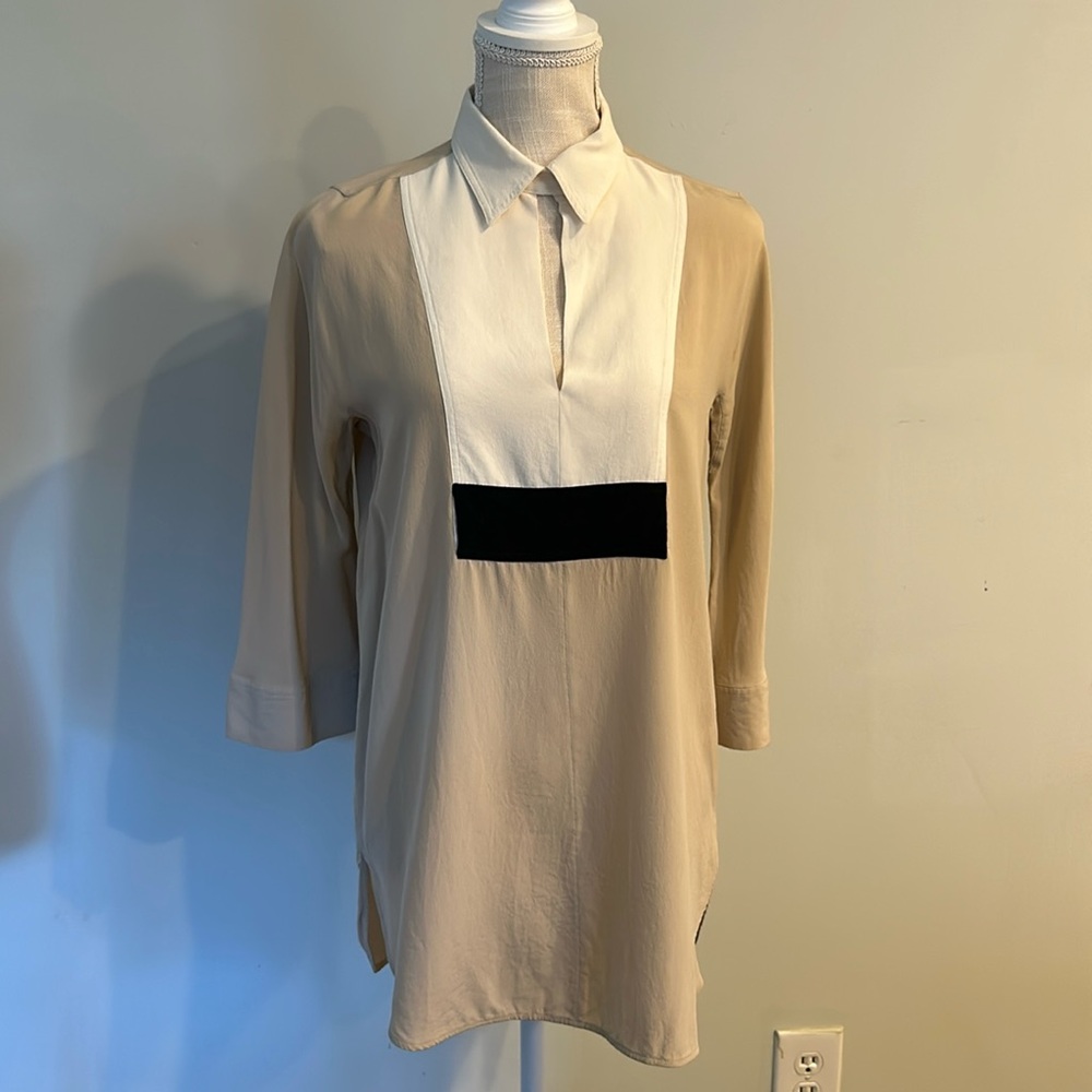 Max Mara tunic top three-quarter sleeves 100% silk beige/tan/cream/black